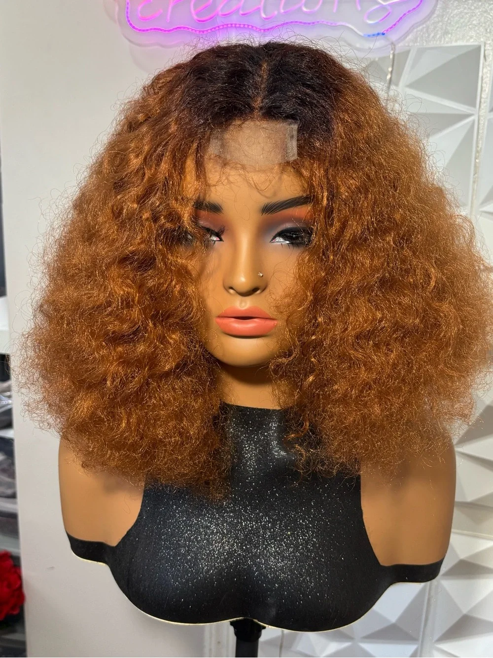 Dark Root 2x6 Closure 14 Inch Copper Auburn Kinky Curly Hair Blend Wig